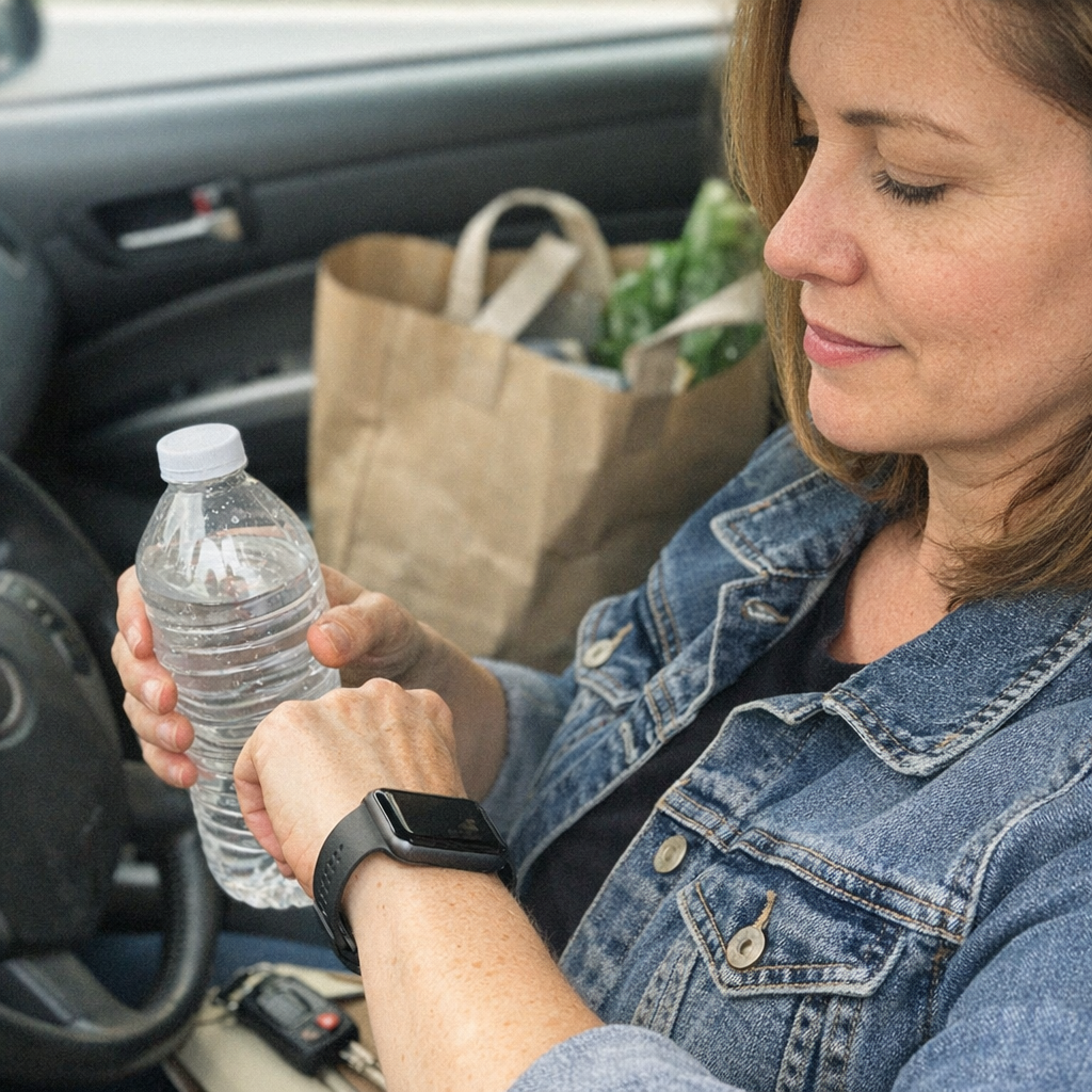 Close-up scene for errand days with a phone and a water bottle