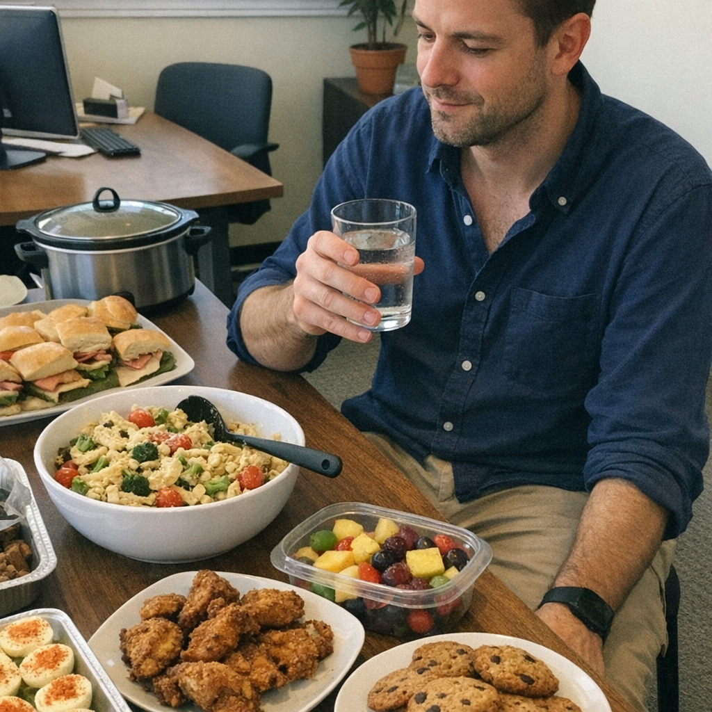 Close-up scene for office potlucks with a phone and a water bottle