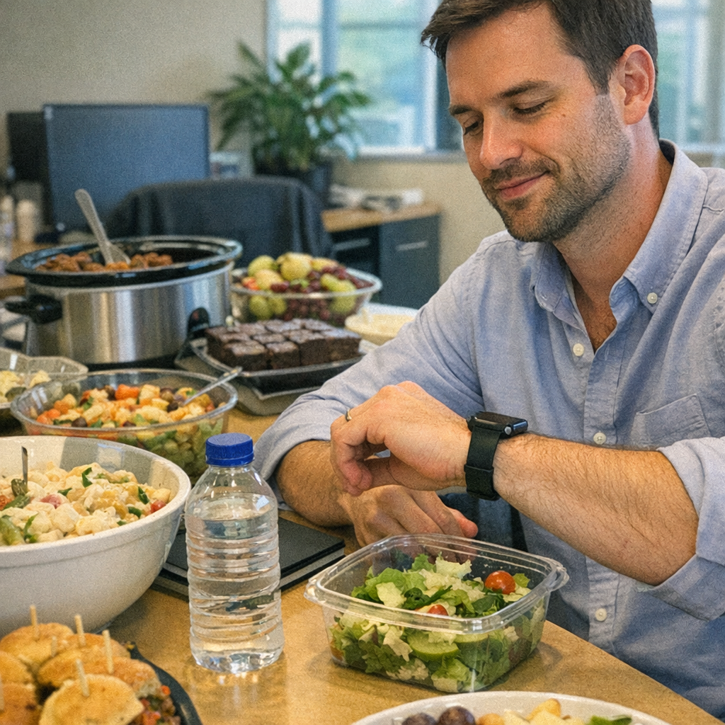 Close-up scene for office potlucks with a phone and a water bottle