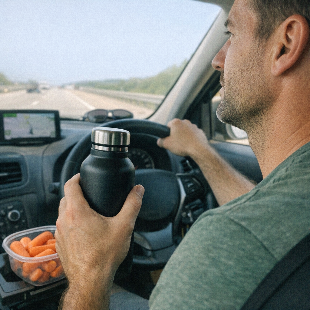 Close-up scene for road trips with a phone and a water bottle