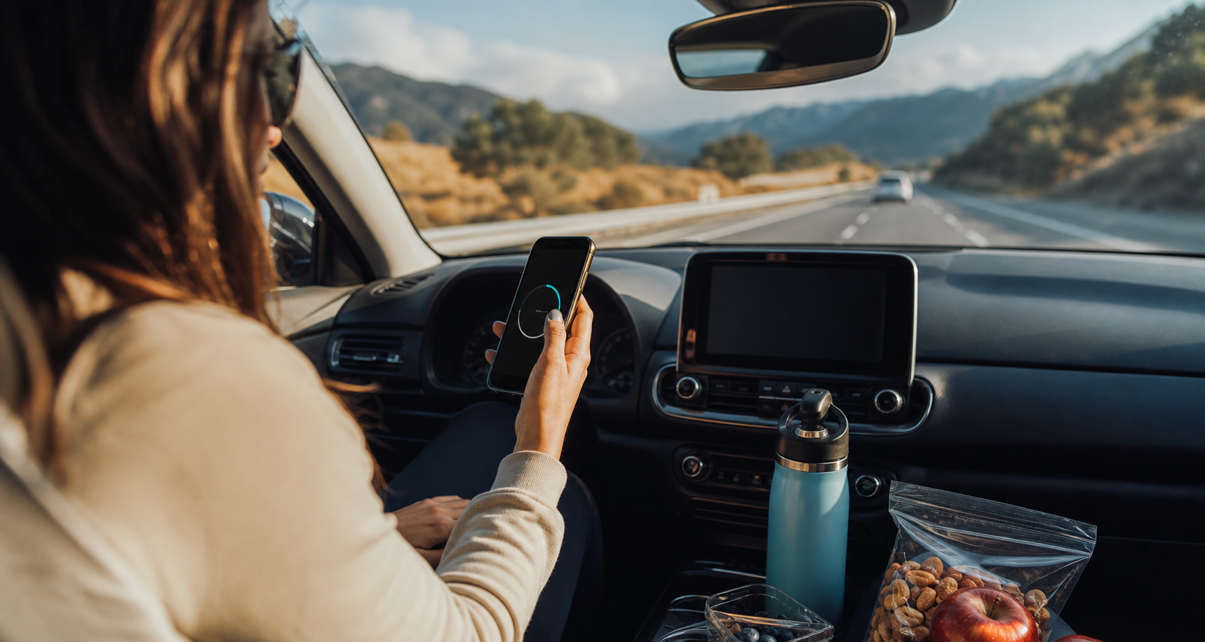 A road trip rest stop with a person checking a fasting timer on a phone while standing beside a car and water bottle