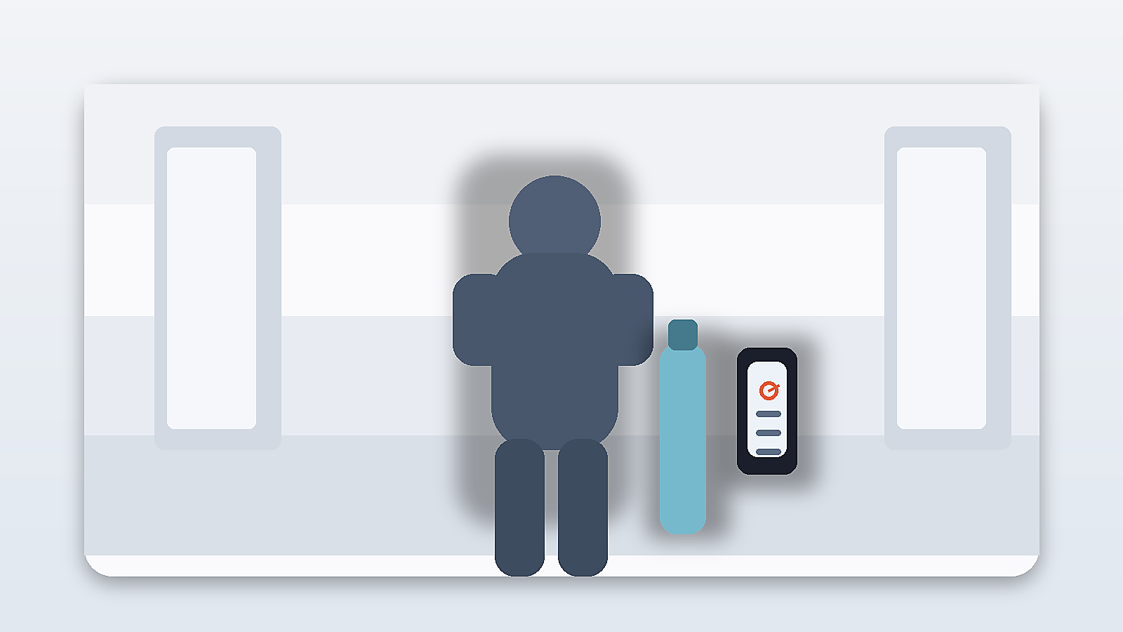A person standing outside a conference room holding a water bottle and checking a fasting timer on a phone